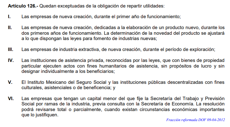 captura de la Ley Federal del Trabajo del artículo 126 sobre excepciones de la obligatoriedad al reparto de utilidades