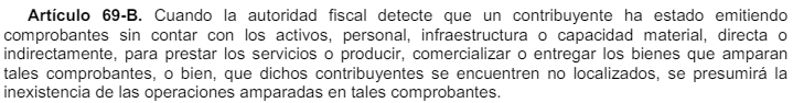 Captura de pantalla del artículo 69B del Código Fiscal de la Federación