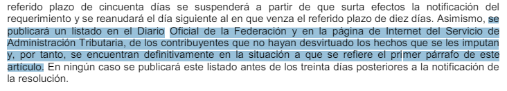 Segunda captura del artículo 69B del Código Fiscal de la Federación 