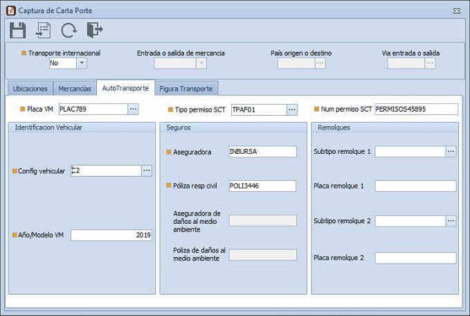 Captura del sistema FACTURE con los campos a llenar del complemento Carta Porte para autotransporte