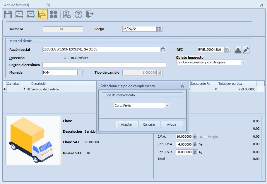 Captura de pantalla del sistema Aspel Facture al emitir el complemento Carta Porte