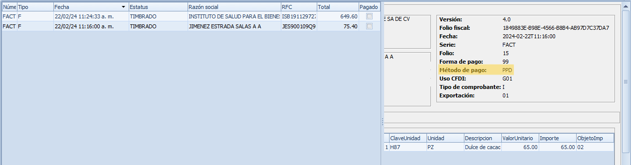 Captura del método de pago PPD del CFDI