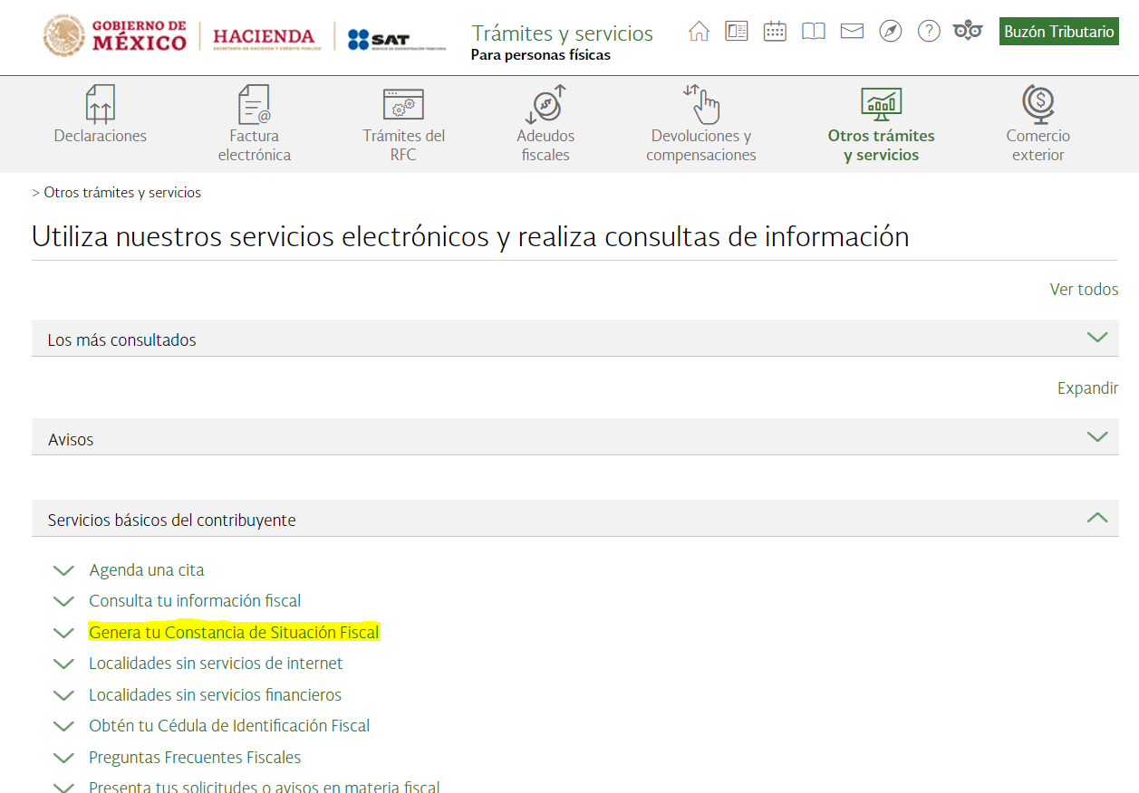 Captura del menú del portal del SAT con la opción de "Genera tu Constancia de Situación Fiscal" resaltada