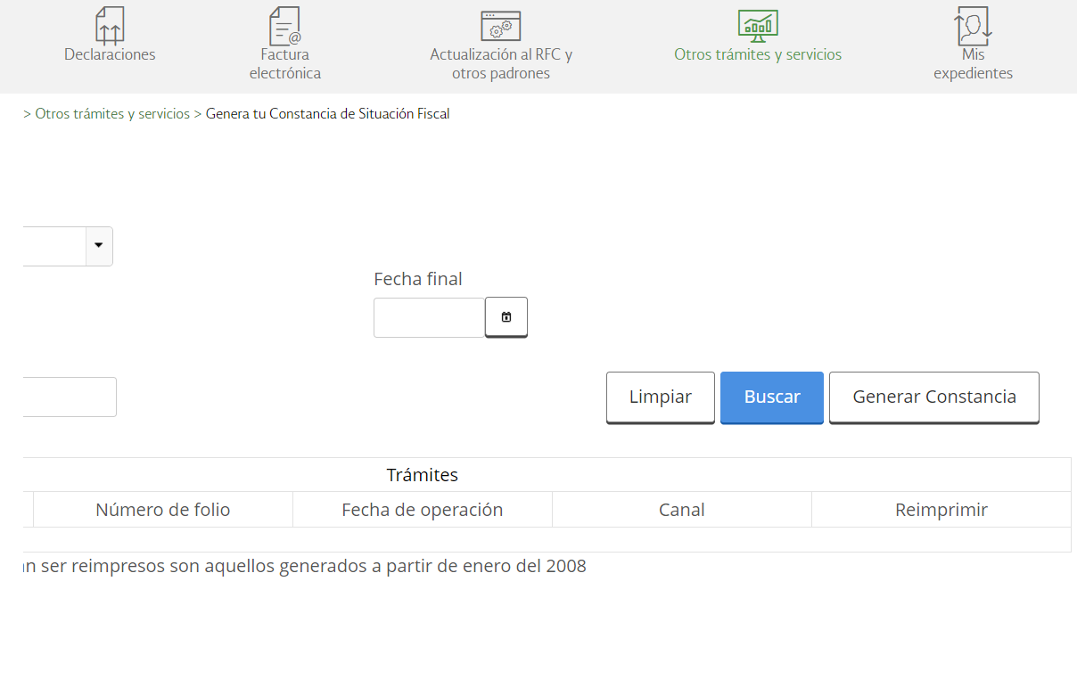 Pantallazo del portal del SAT al solicitar la Constancia de Situación Fiscal