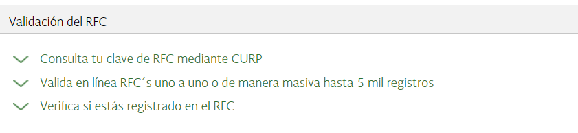 Captura con el menú de "Validación del RFC" del portal del SAT