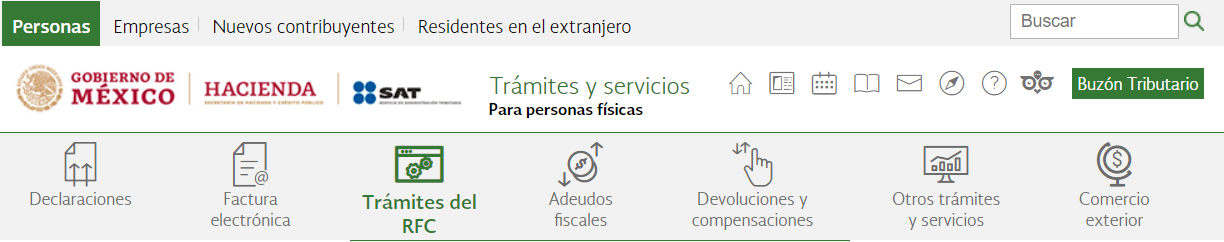 Captura que muestra el menú del portal del SAT con la opción de "Trámites del RFC"