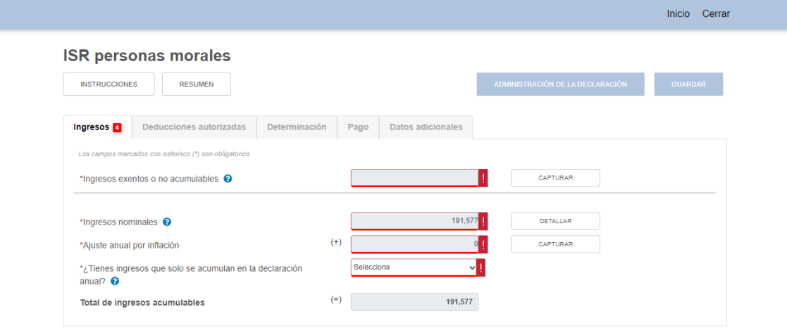 Captura del formato general de la declaración de impuestos anual de personas morales