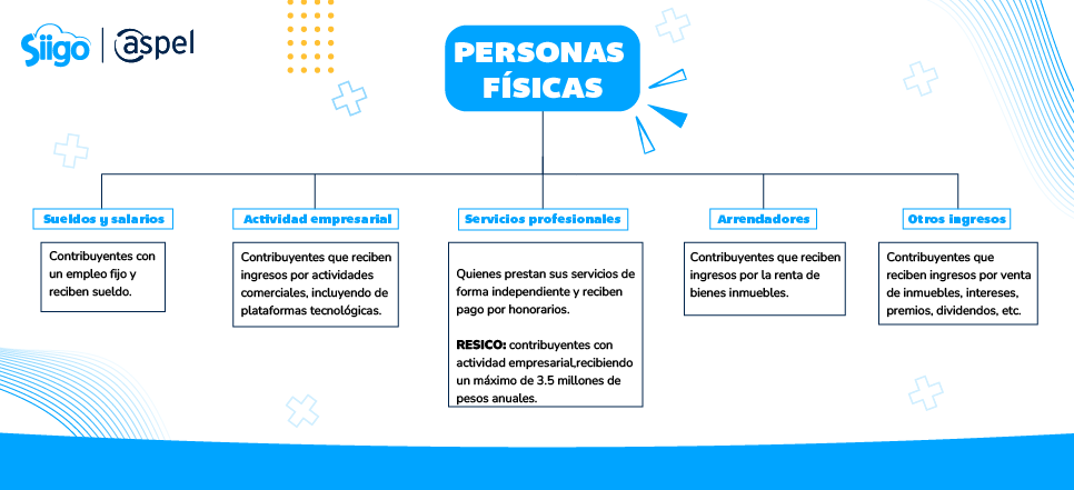 Mapa conceptual que define los regímenes dentro del esquema de persona física. Se dividen en sueldos y salarios, actividad empresarial, servicios profesionales, arrendadores y otros ingresos.